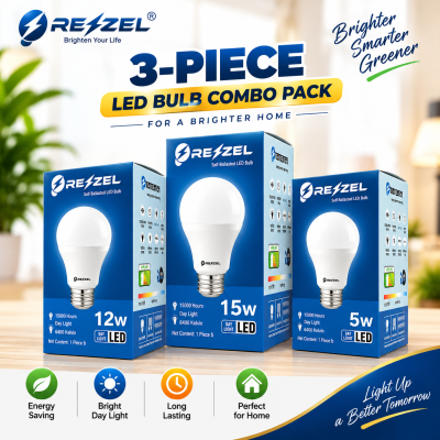 Rezzel LED Bulb 3-Piece Combo Pack (15W, 12W, 5W Assorted) – Energy Saving 6400K Cool White LED Bulbs with 270° Beam Angle, High Lumen Output & 1 Year Warranty